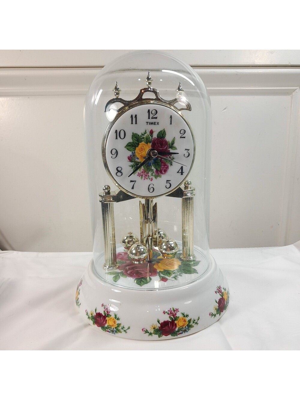 Timex Country Rose Anniversary Clock Glass Globe Mantle flowers floral READ